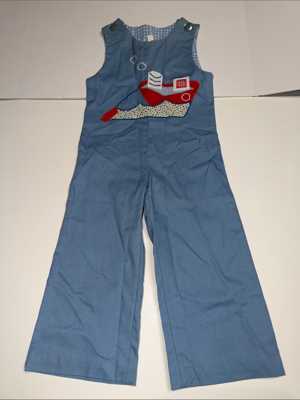 Vintage longall/Jon jon Romper Blue Kids Overalls with Red Boat Appliqué